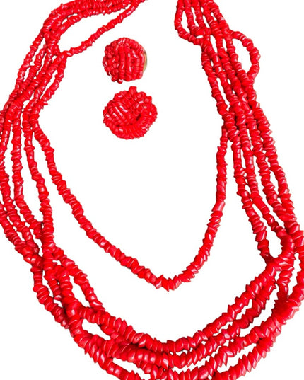 Vintage 1960s Red glass chip multi strand fancy necklace & earrings