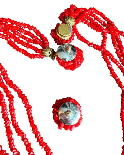 Vintage 1960s Red glass chip multi strand fancy necklace & earrings