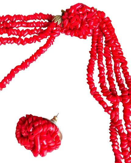 Vintage 1960s Red glass chip multi strand fancy necklace & earrings