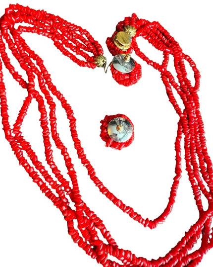 Vintage 1960s Red glass chip multi strand fancy necklace & earrings
