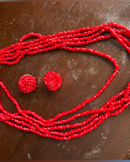 Vintage 1960s Red glass chip multi strand fancy necklace & earrings
