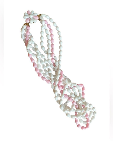 Vintage pastel pink & white plastic West Germany multistrand necklace daisy 1970