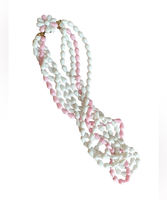 Vintage pastel pink & white plastic West Germany multistrand necklace daisy 1970