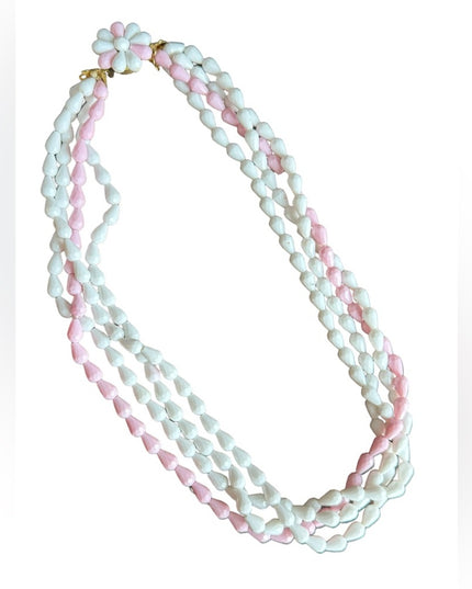 Vintage pastel pink & white plastic West Germany multistrand necklace daisy 1970
