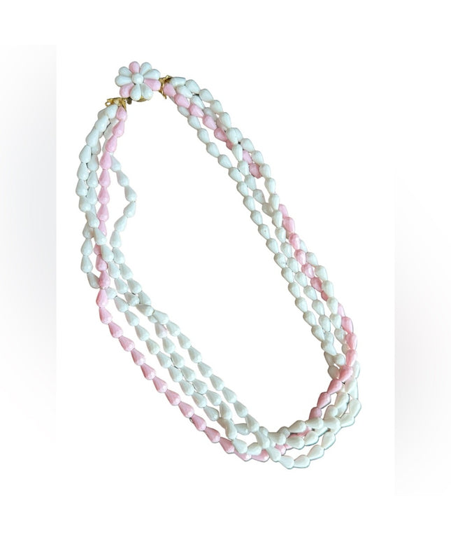 Vintage pastel pink & white plastic West Germany multistrand necklace daisy 1970