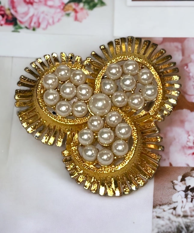 Vintage gold tone & faul pearl ornate spiral brooch CORO
