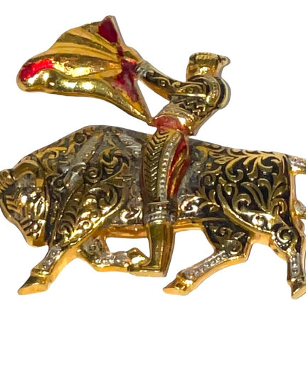 Vintage Damascene bull fighter gold plated brooch with enamel