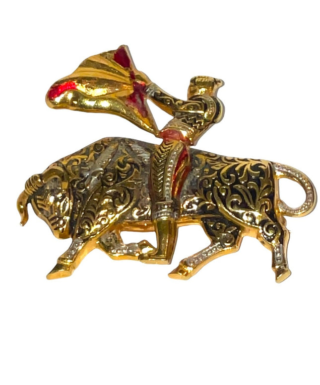 Vintage Damascene bull fighter gold plated brooch with enamel