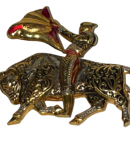 Vintage Damascene bull fighter gold plated brooch with enamel
