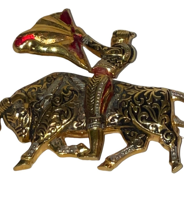 Vintage Damascene bull fighter gold plated brooch with enamel