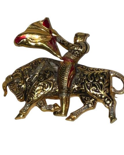 Vintage Damascene bull fighter gold plated brooch with enamel
