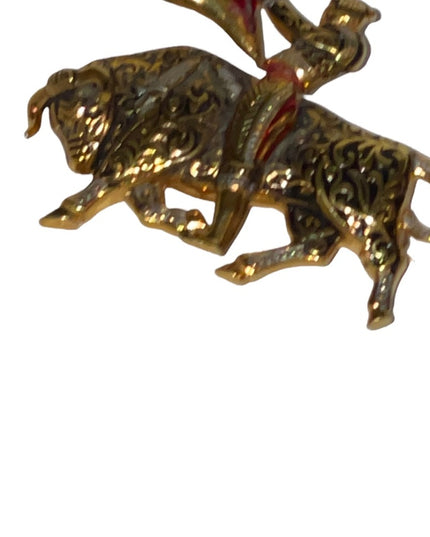 Vintage Damascene bull fighter gold plated brooch with enamel