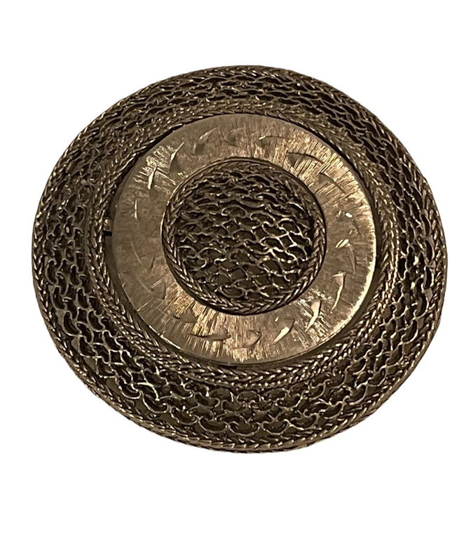 - Large silver finish round ornate brooch vintage