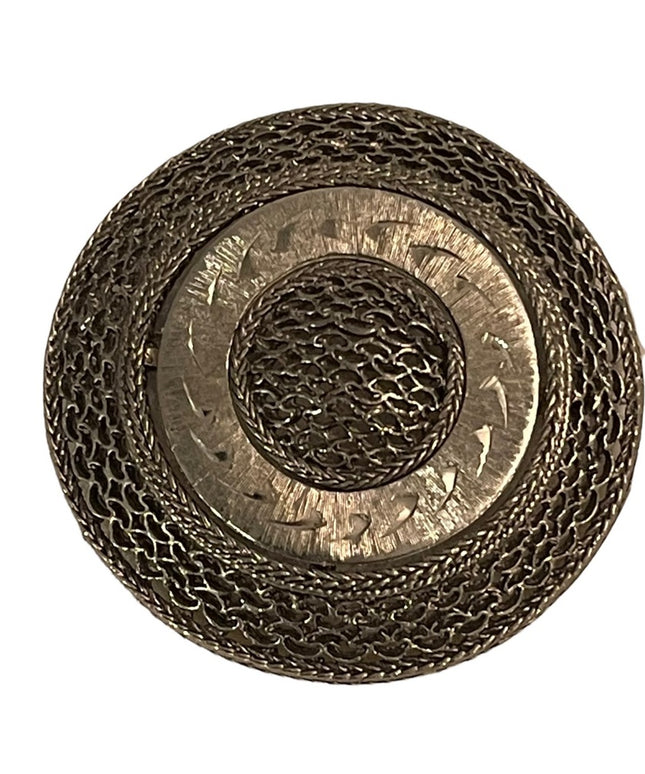 - Large silver finish round ornate brooch vintage
