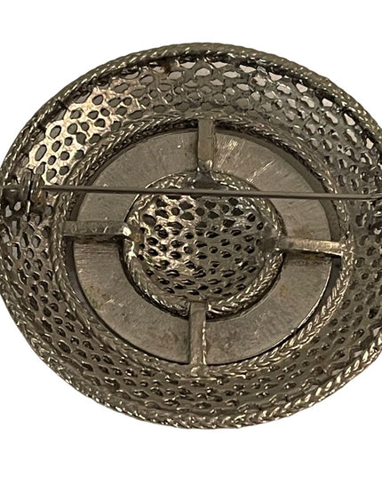 - Large silver finish round ornate brooch vintage