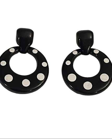 Vintage black and White polka dot resin plastic chunky earrings dangle
