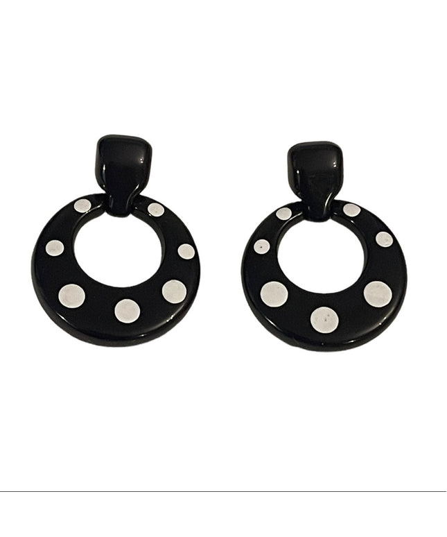 Vintage black and White polka dot resin plastic chunky earrings dangle