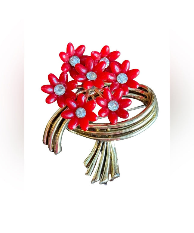 Vintage 1960s CORO plastic rhinestone flowers gold finish brooch