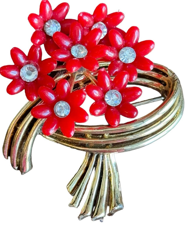 Vintage 1960s CORO plastic rhinestone flowers gold finish brooch