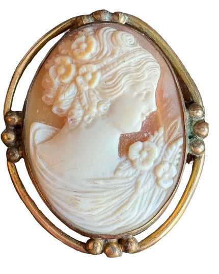 Vintage pinchbeck antiqued gold finish fancy carved shell lady CAMEO brooch