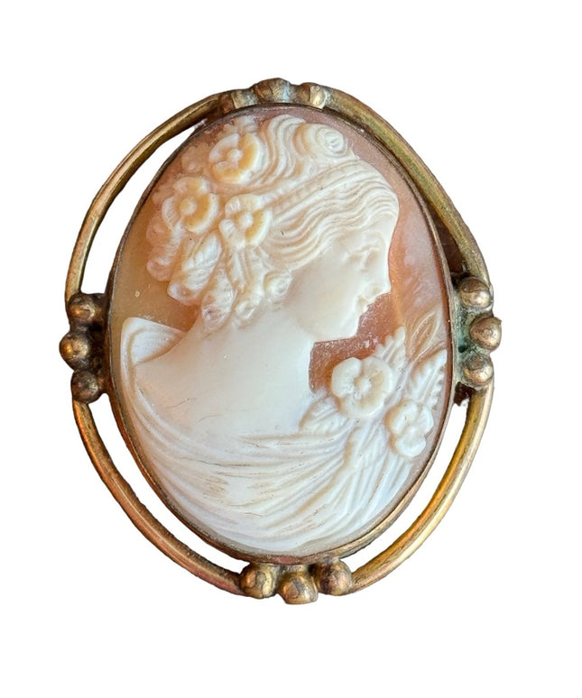 Vintage pinchbeck antiqued gold finish fancy carved shell lady CAMEO brooch