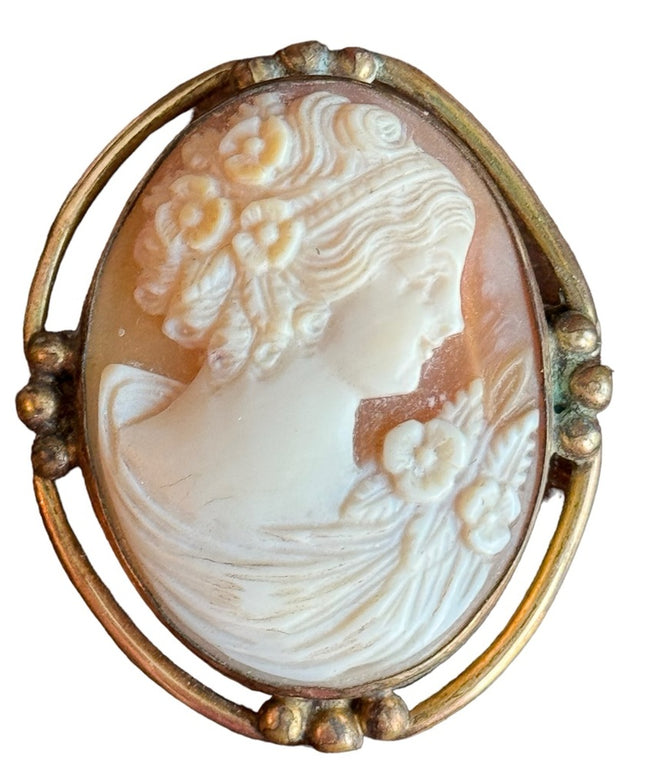Vintage pinchbeck antiqued gold finish fancy carved shell lady CAMEO brooch