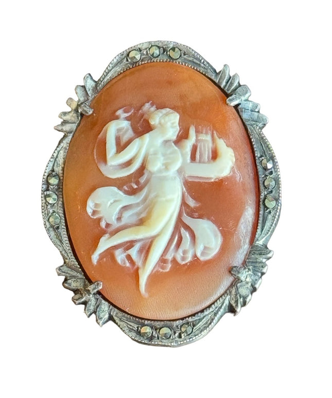 Vintage 800 silver marcasite bezel lady harp carved shell CAMEO brooch pendant
