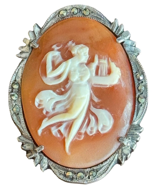 Vintage 800 silver marcasite bezel lady harp carved shell CAMEO brooch pendant