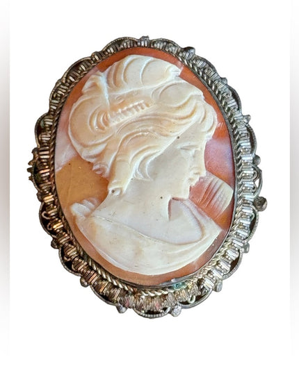 Vintage 800 silver fancy carved carnelian shell brooch pendant