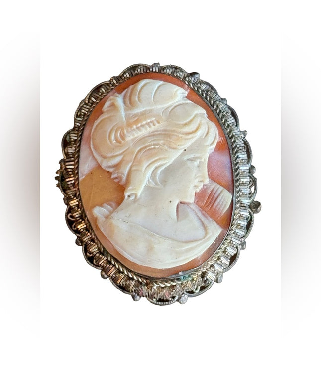 Vintage 800 silver fancy carved carnelian shell brooch pendant