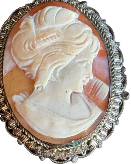 Vintage 800 silver fancy carved carnelian shell brooch pendant