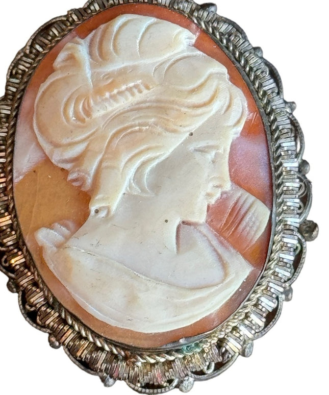 Vintage 800 silver fancy carved carnelian shell brooch pendant