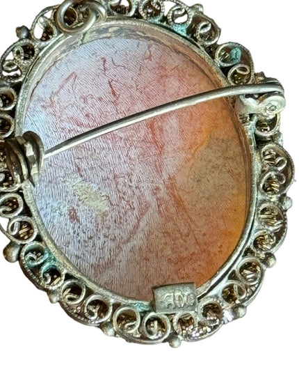 Vintage 800 silver fancy carved carnelian shell brooch pendant