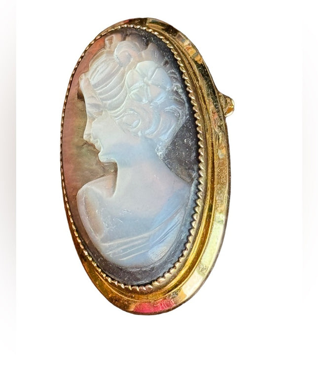 Vintage 12k gold filled Catamore Carved abalone MOP fancy oval CAMEO brooch