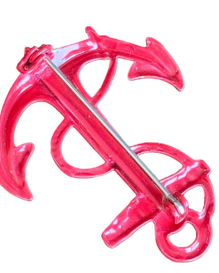 Vintage red nautical anchor metal brooch