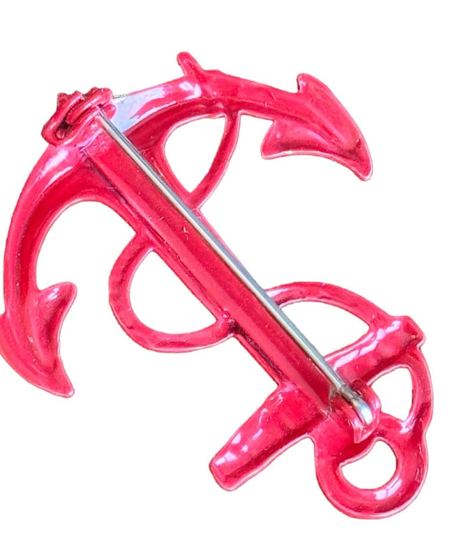 Vintage red nautical anchor metal brooch