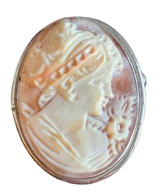 Vintage 800 silver shell carnelian cameo brooch necklace pendant hand carved