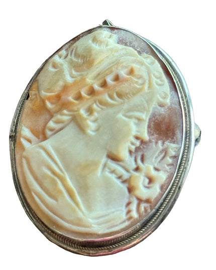 Vintage 800 silver shell carnelian cameo brooch necklace pendant hand carved