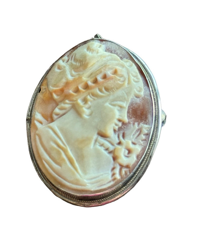 Vintage 800 silver shell carnelian cameo brooch necklace pendant hand carved