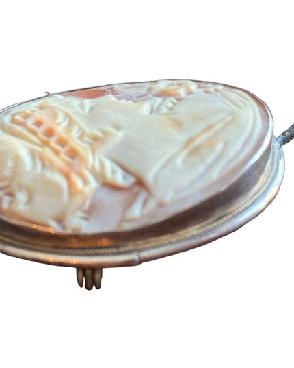 Vintage 800 silver shell carnelian cameo brooch necklace pendant hand carved