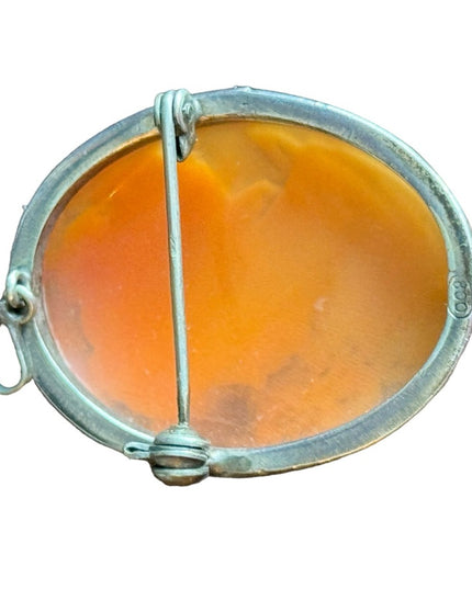 Vintage 800 silver shell carnelian cameo brooch necklace pendant hand carved