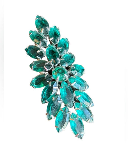 Vintage silver finish fancy large green crystal brooch