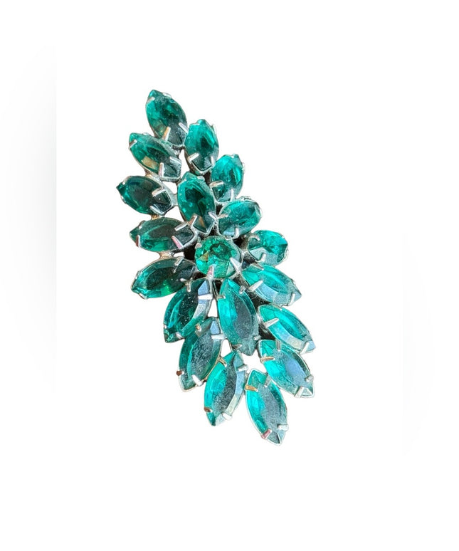 Vintage silver finish fancy large green crystal brooch