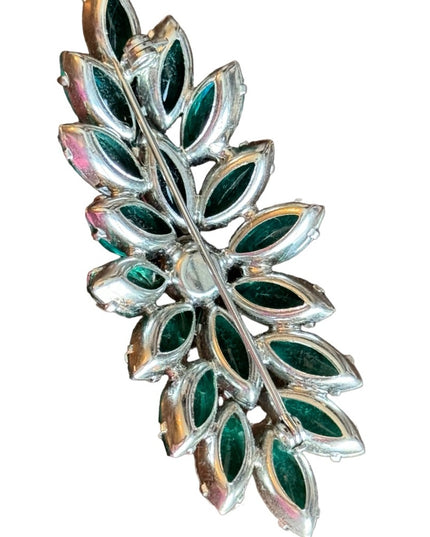 Vintage silver finish fancy large green crystal brooch