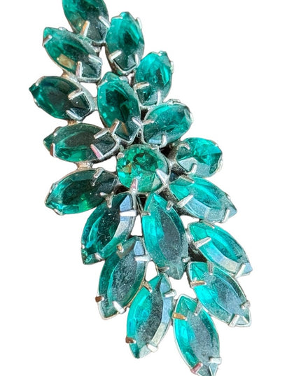 Vintage silver finish fancy large green crystal brooch