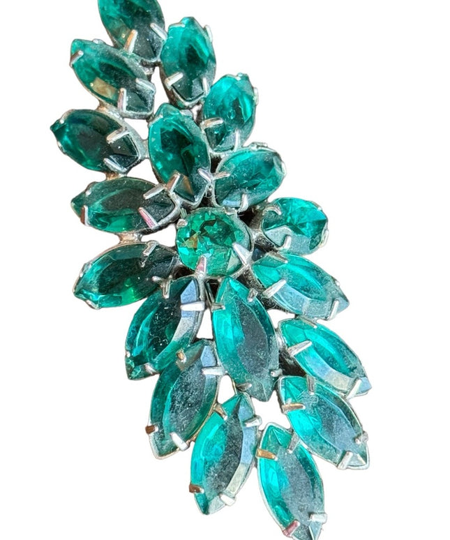 Vintage silver finish fancy large green crystal brooch