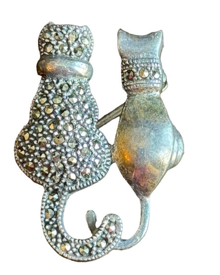 Sterling silver 925 Marcasite 2 cats kittys fancy brooch