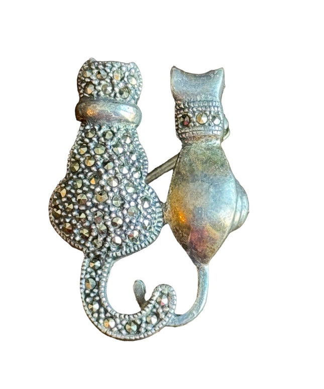 Sterling silver 925 Marcasite 2 cats kittys fancy brooch