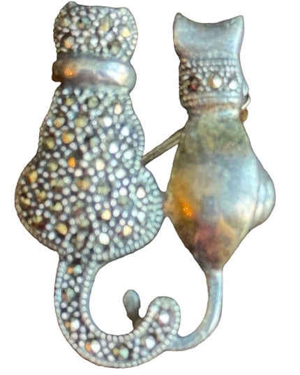 Sterling silver 925 Marcasite 2 cats kittys fancy brooch