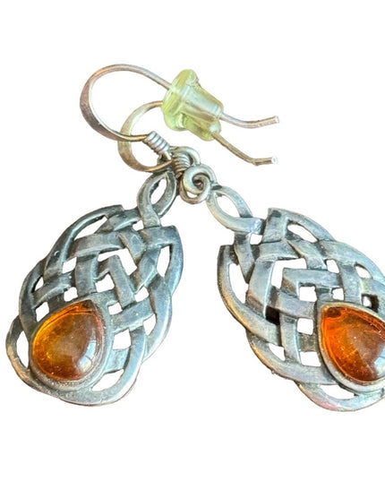 Vintage celtic braided design amber dangle earrings sterling silver 925
